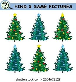 Find same pictures with cartoon christmas tree. Christmas balls, decorations, stars. Educational logical game for children. Vector illustration.