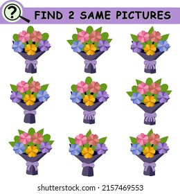 Find same pictures with cartoon flower bouquets. Educational logical game for children. Vector illustration.