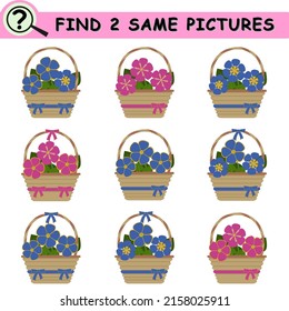 Find same pictures with cartoon flowers in baskets with bows. Educational logical game for children. Vector illustration.