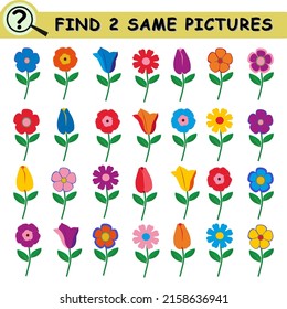 Find same pictures with cartoon flowers. Educational logical game for children. Vector illustration.