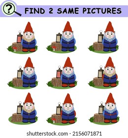 Find same pictures with cartoon gnomes, lanterns and stumps. Educational logical game for children. Vector illustration.