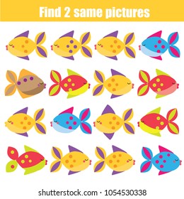 Find the same pictures children educational game. Find equal pairs of fish kids activity. Animals theme