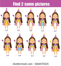 Find the same pictures. Children educational game. Find equal pairs of princess. Activity for toddlers and girls