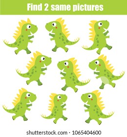Find the same pictures children educational game. Find equal pairs of dino kids activity. Animals theme