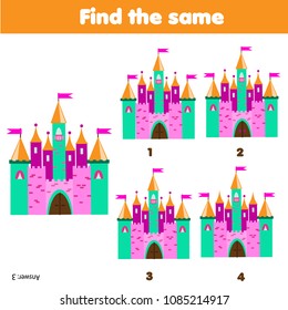 Find the same pictures. Children educational game. Find equal pairs of fairy castles