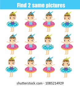 Find the same pictures. Children educational game. Find equal pairs of cute girls. Summer holidays theme activity for kids