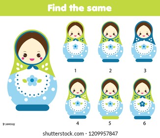 Find the same pictures children educational game. Find pairs of matreshka dolls.