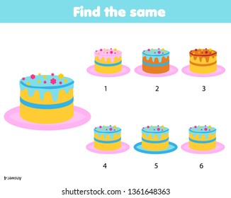 Find the same pictures children educational game. Find two identical cakes. Fun page for kids and toddlers