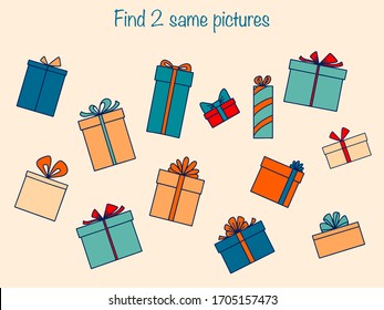 Find the same pictures - children educational game with gifts. Vector illustration