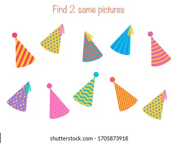 Найдите одинаковые картинки — детская развивающая игра с разными шапками для вечеринок. Векторная иллюстрация