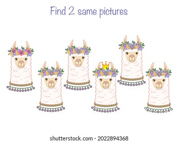 Find the same pictures - children educational game with different cute llamas. Vector illustration