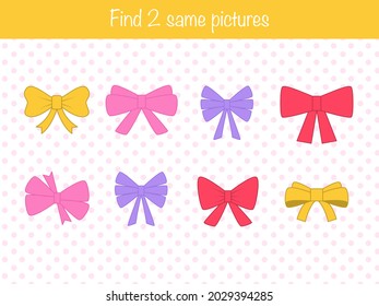 Find the same pictures - children educational game with different cute bows. Vector illustration