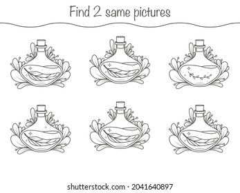 Find the same pictures - children educational game with magic bottles with witch's potion. Vector illustration