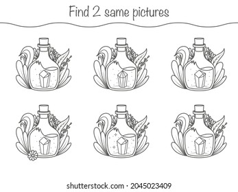 Find the same pictures - children educational game with magic bottles with witch's potion. Vector illustration