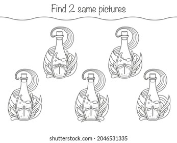 Find the same pictures - children educational game with magic bottles with witch's potion. Vector illustration