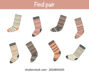 Find the same pictures - children educational game with cute cartoon socks. Vector illustration