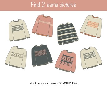 Find the same pictures - children educational game with cute sweaters. Vector illustration