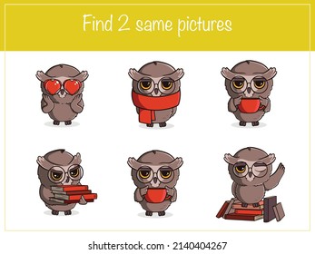 Encuentra las mismas fotos - juego educativo para niños con búhos lindos. Ilustración del vector