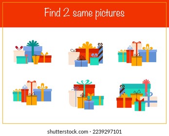 Find the same pictures - children educational game with gifts. Vector illustration