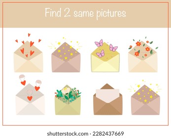 Find the same pictures - children educational game with cute envelopes. Vector illustration