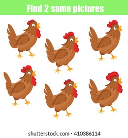 Find the same pictures children educational game. Find the equal pictures. Animal theme, farm birds, hen