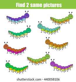 Find the same pictures children educational game. Find equal caterpillars task for kids, printable worksheet