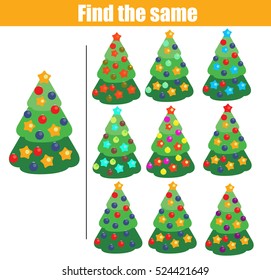 Find the same pictures children educational game. Find equal christmas tree kids activity. winter holidays theme
