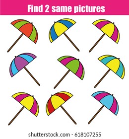 Find the same pictures children educational game. Find equal pairs of umbrella kids activity