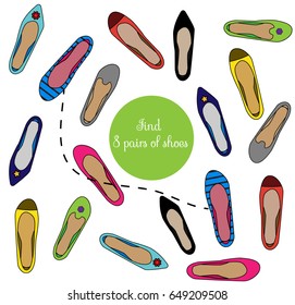 Find the same pictures children educational game. Find pairs of shoes shoes kids activity