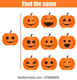 Encuentra las mismas imágenes de juegos educativos para niños. Encuentre pares iguales de calabazas de halloween para niños.
