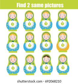 Find the same pictures children educational game. Find equal pairs of matreshka dolls
