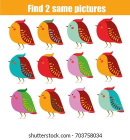 Find the same pictures children educational game. Find equal pairs of birds kids activity. Animals theme