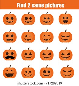 Finden Sie die gleichen Bilder Kinder pädagogisches Spiel. Finden Sie gleiche Paar Halloween-Kürbiskins-Kinderaktivität