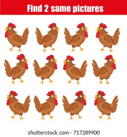 Find the same pictures children educational game. Find equal pairs of hen birds kids activity. Animals theme
