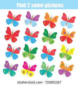 Find the same pictures children educational game. Find equal pairs of butterflies kids activity. Animals theme