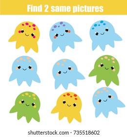 Find the same pictures children educational game. Find equal pairs of octopus kids activity. Animals theme