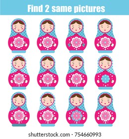 Find the same pictures children educational game. Find equal pairs of matreshka dolls
