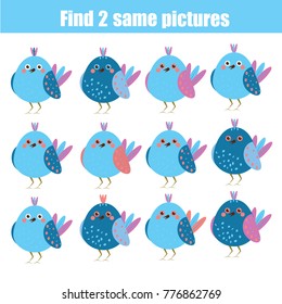 Find the same pictures children educational game. Find equal pairs of birds kids activity. Animals theme