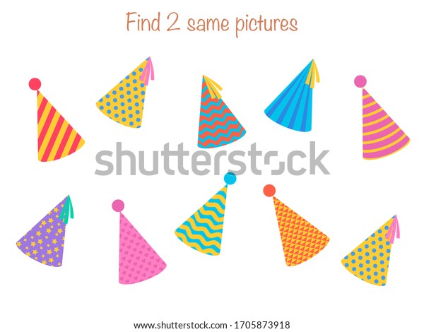 Find the same pictures -\
children educational game with different party hats. Vector\
illustration