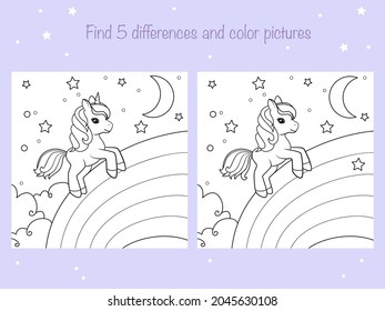 Find the same pictures and color - children educational game. Coloring book page with cute little unicorn. Vector illustration