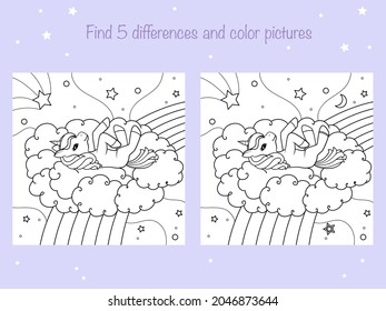 Find the same pictures and color - children educational game. Coloring book page with cute little unicorn. Vector illustration