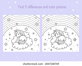 Find the same pictures and color - children educational game. Coloring book page with cute little unicorn. Vector illustration