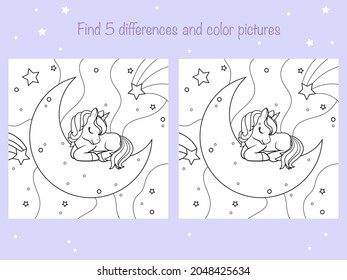 Find the same pictures and color - children educational game. Coloring book page with cute little unicorn. Vector illustration