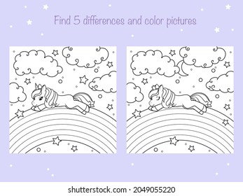 Find the same pictures and color - children educational game. Coloring book page with cute little unicorn. Vector illustration