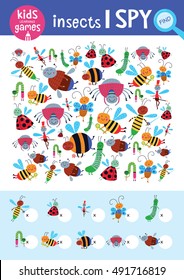 Find the same pictures and count it. Kids learning games collection. Cute insects.