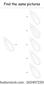 Find the same pictures of courgette. Educational game of vegetables. Black and white vector illustration for children's activity book, worksheet, print.