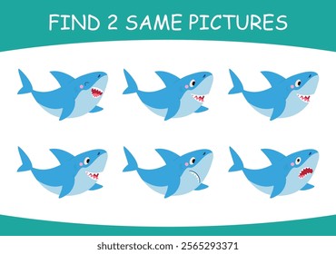 Find same pictures. Educational children game with cartoon funny shark. Choose two same sharks, emotional ocean animals nowaday vector illustration