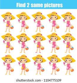 Find the same pictures educational game. Summertime theme activity for children and kids.