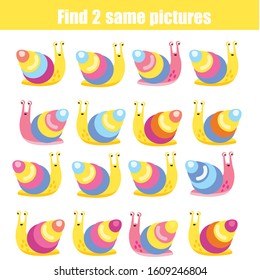 Find the same pictures. spot two identical snails. Animals theme worksheet for kids and toddlers. children educational game.