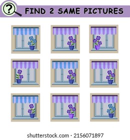 Find same pictures with windows and flower pots. Educational logical game for children. Vector illustration.